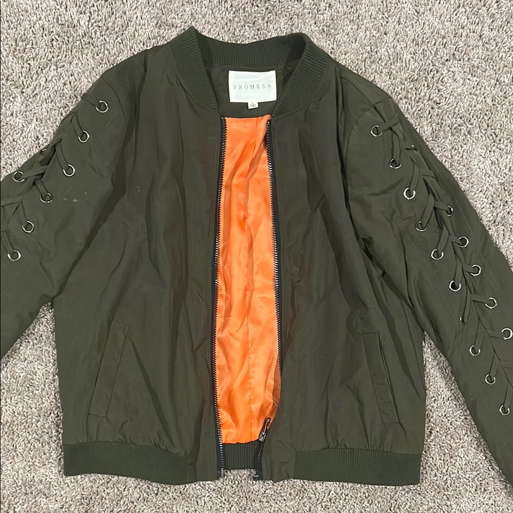 Promesa Khaki Bomber Jacket with Bright Orange Interior